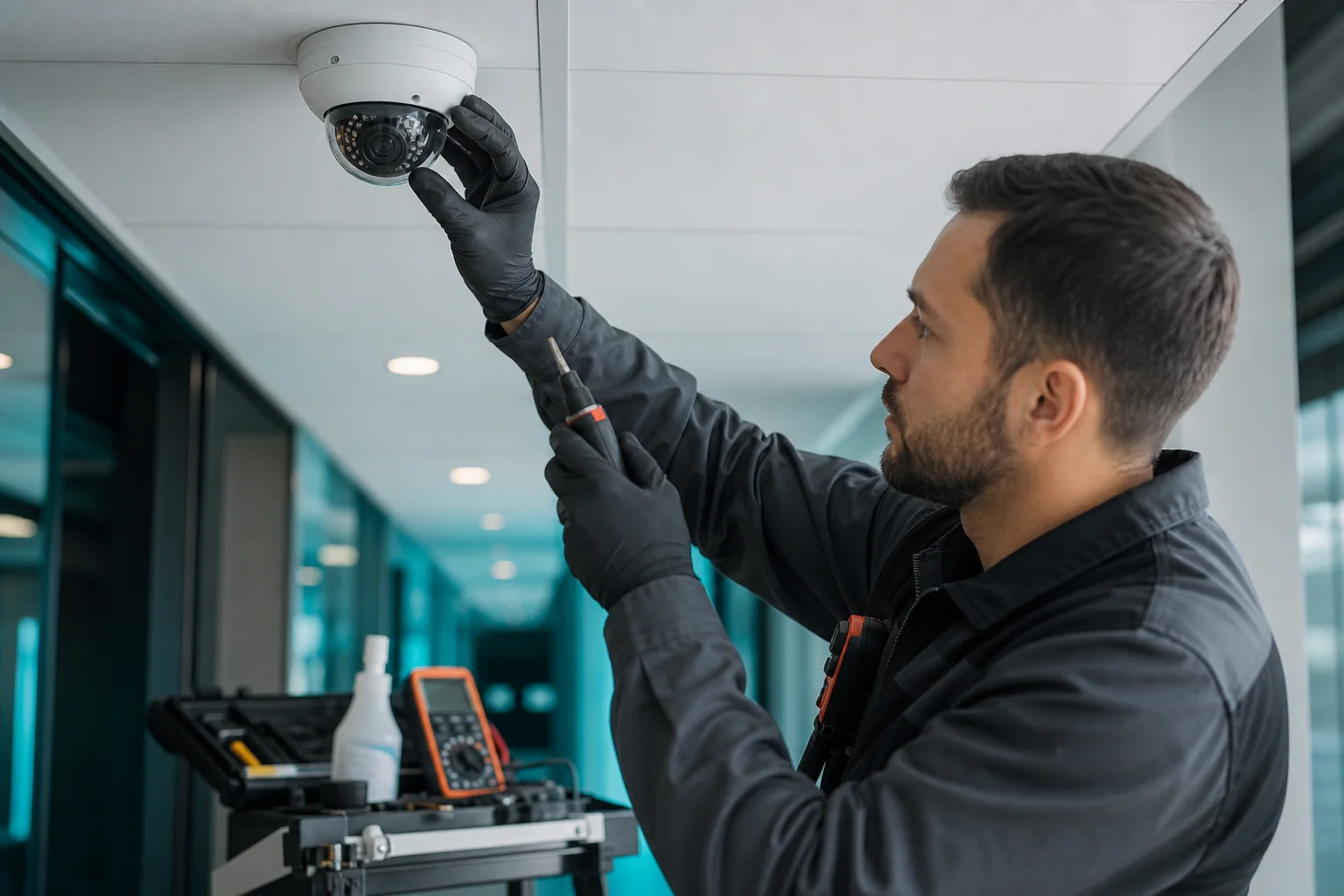 Técnico realizando mantenimiento preventivo a una cámara